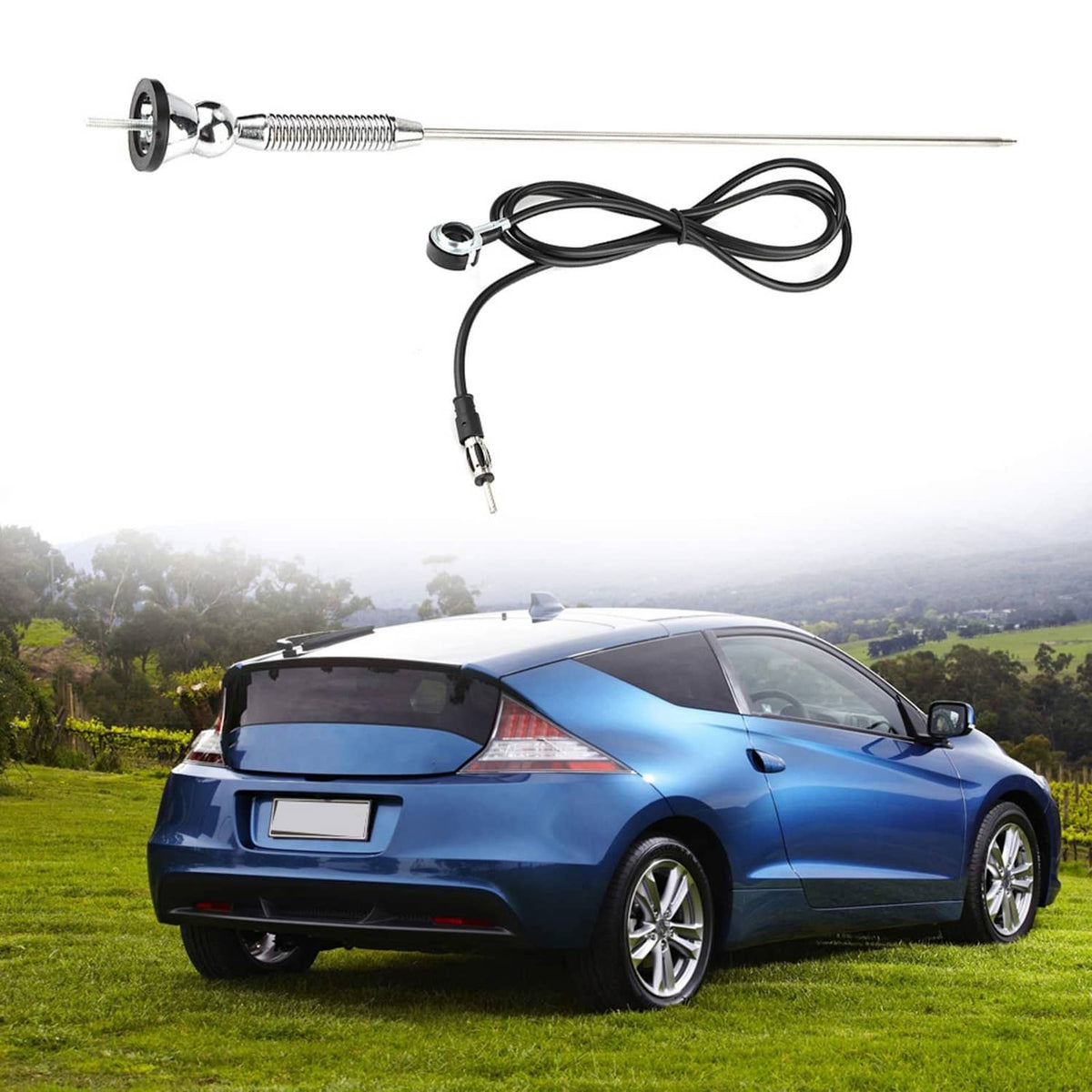Universal car antenna with silver mast, chrome spring base, black cable with connectors