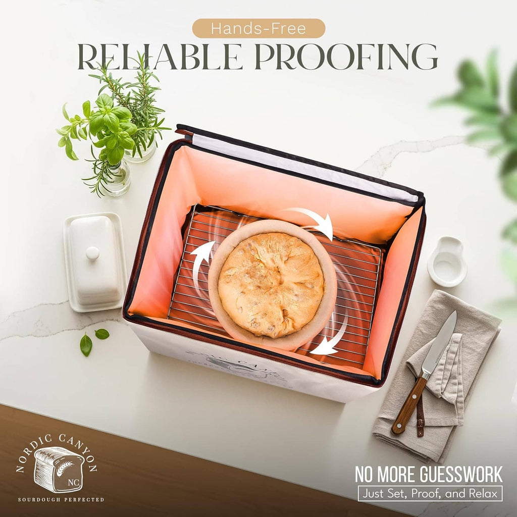 Bread proofing box with clear open window showing dough inside on wire rack