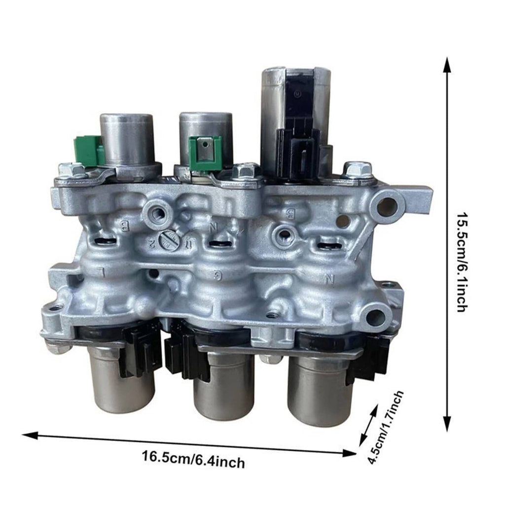Transmission solenoid block assembly shown with size measurements and silver body