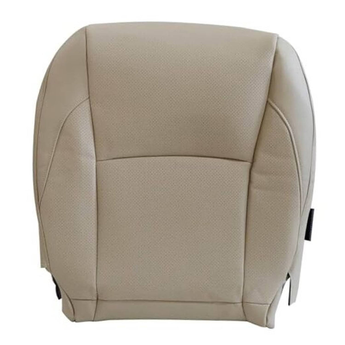 Light tan front driver seat bottom replacement cover with stitched leather-like panels