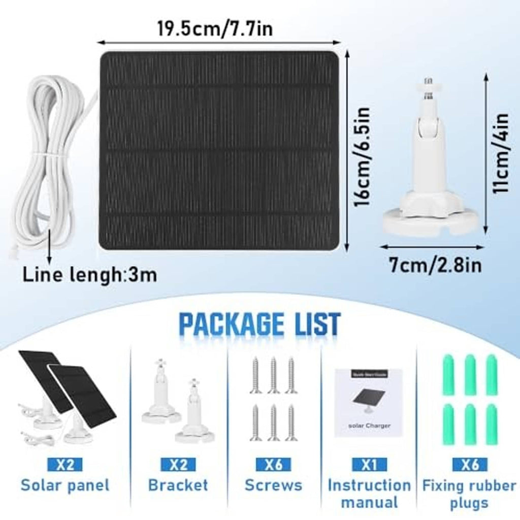 Solar panel charger with black panel, included cable, and mounting base with dimensions