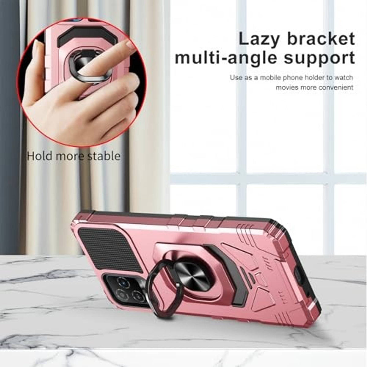Rose gold rugged phone case with rotating ring kickstand in tabletop viewing position