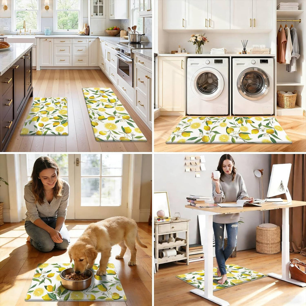 Two lemon-print kitchen rugs in home settings, including near laundry machines and pet area