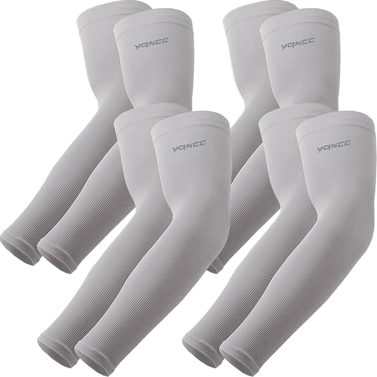 Gray arm sleeves set of four, soft compression fabric with YONCE logo