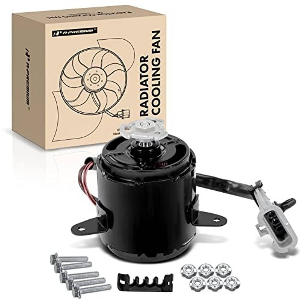 Radiator cooling fan motor kit with fan housing, wiring plug, bolts, and brackets