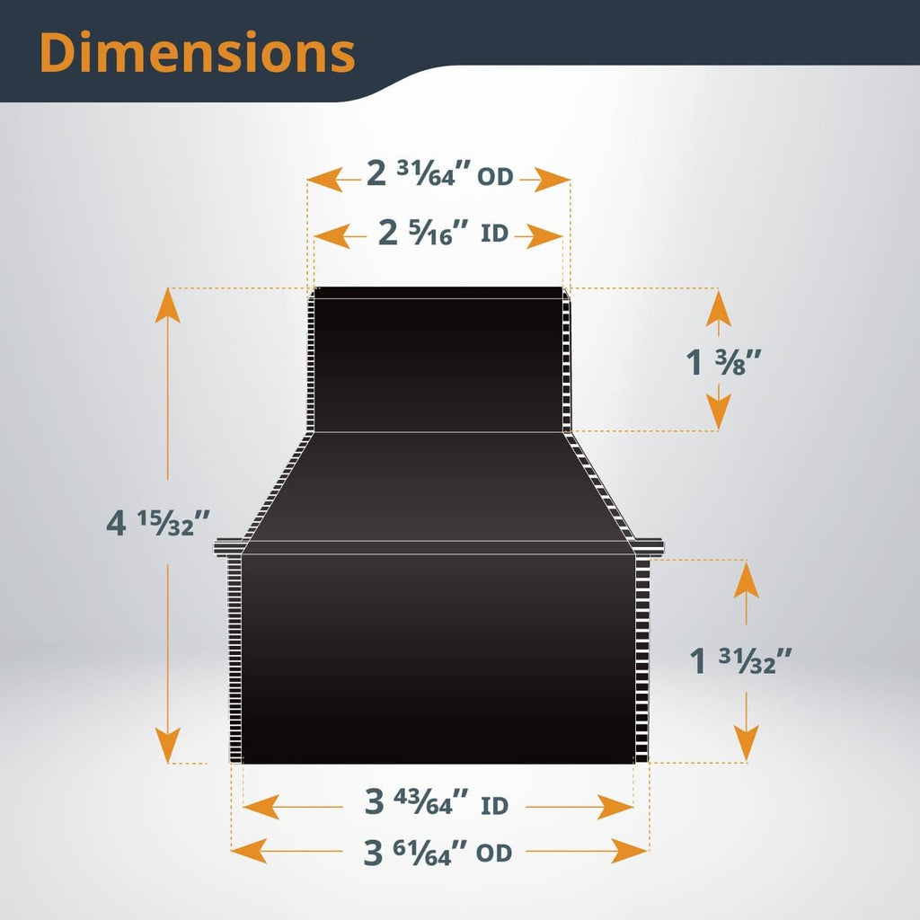 Black cone reducer dimensions view with stepped 4" to 2-1/2" inlet