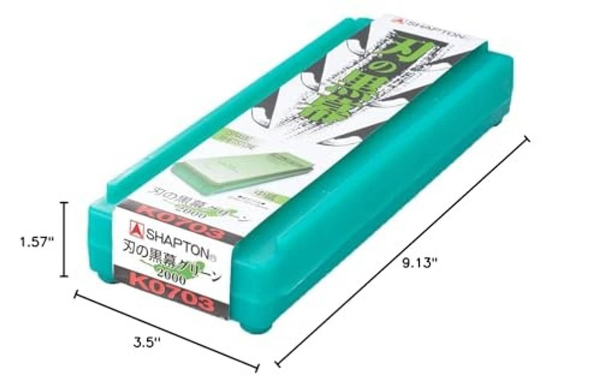Shapton K0703 whetstone with printed label on teal base, shown with size marks