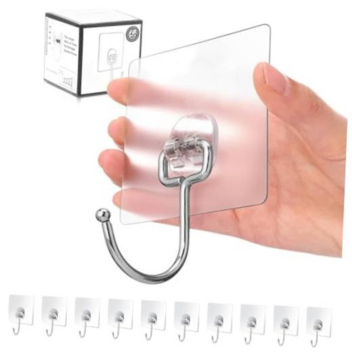 Large clear adhesive hook with chrome banana-style U hook, held in a hand