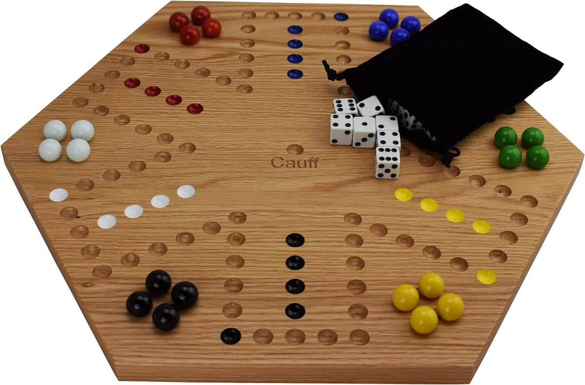 Hexagonal wooden board with peg holes, blue/red/yellow marbles, dice, and storage cloth