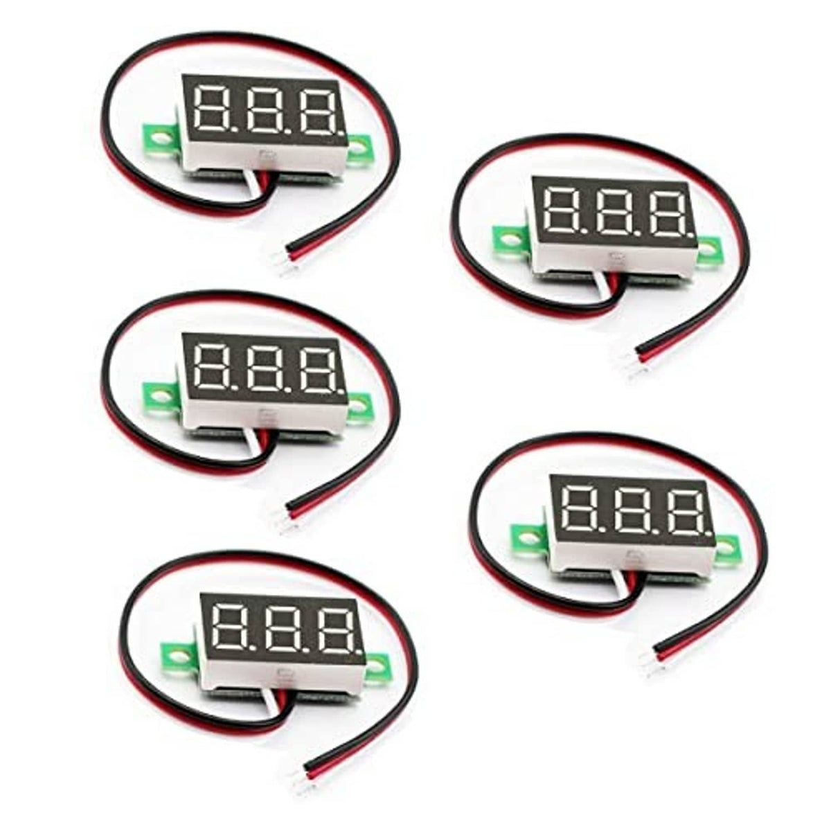 Set of 5 compact digital DC voltmeter gauge testers with red and black wiring