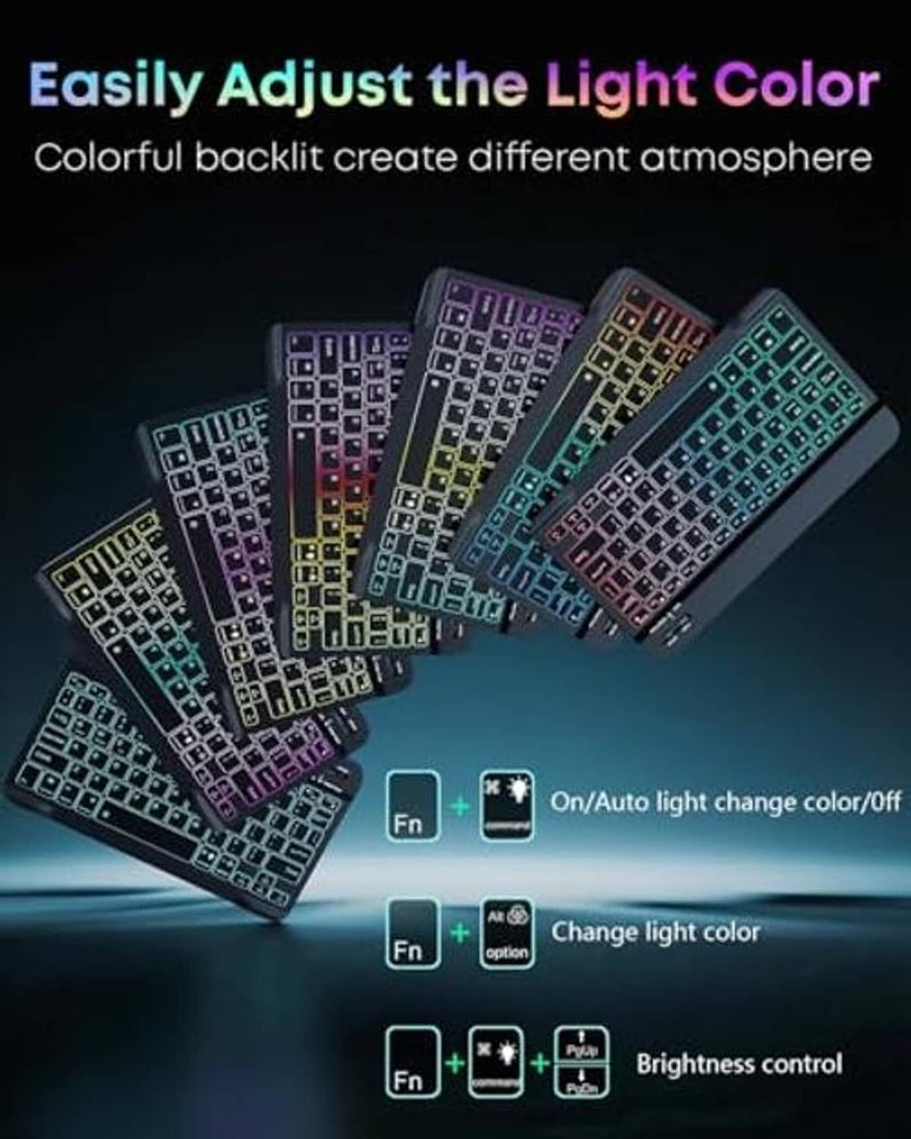Black keyboard case with colorful backlit keys in multiple lighting colors