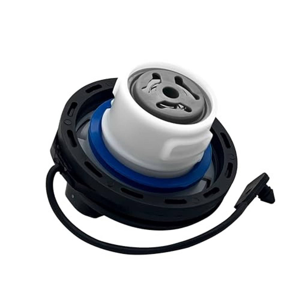 Fuel filler cap set with white cap, blue ring, and black retainer with cord