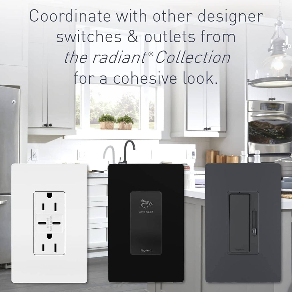 Fan speed control switch set with white, black, and gray wall plates in a kitchen