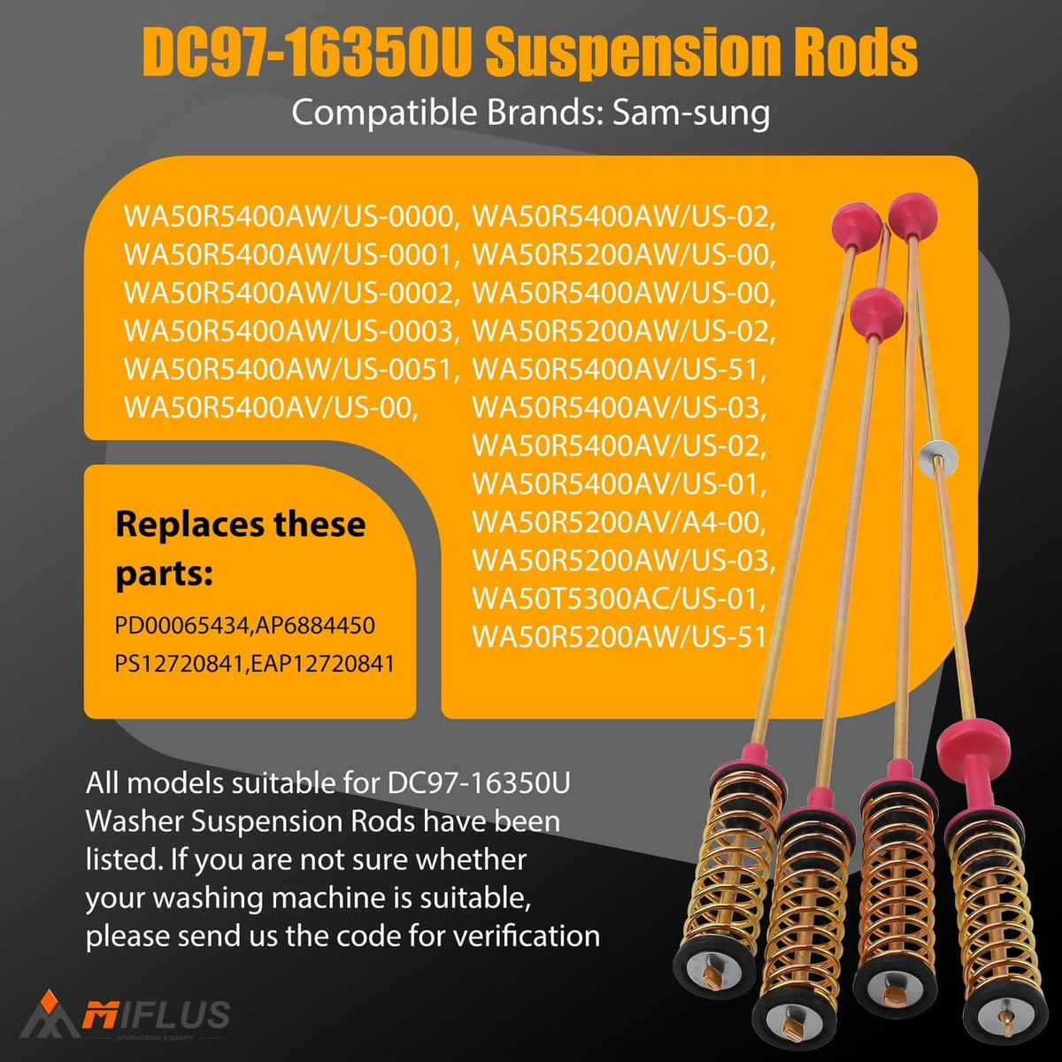 Washer suspension rods with red posts and gold coil springs, black top caps in a group.