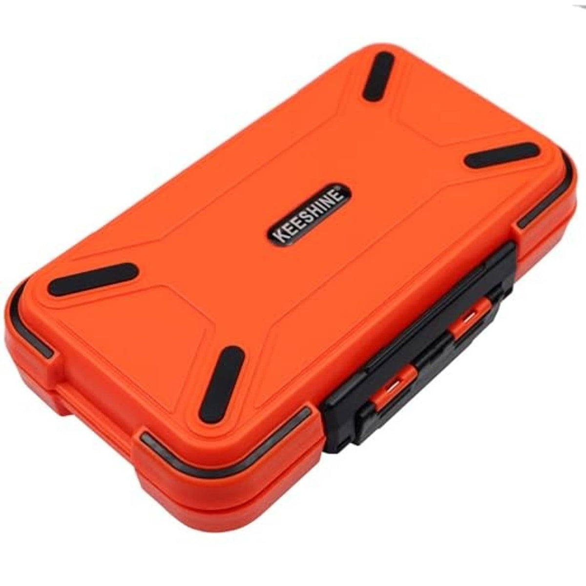 Orange floating fishing tackle box with black latches and molded grip slots, KEESHINE
