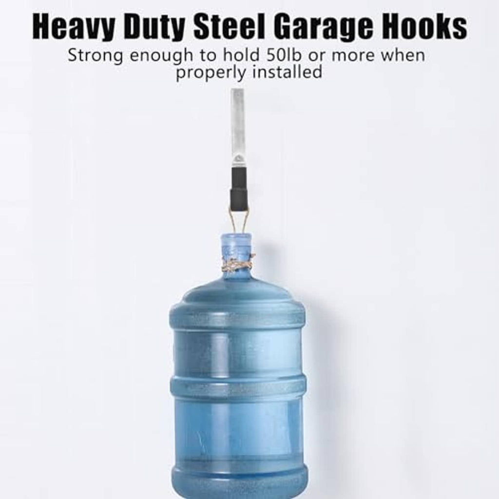 Black garage wall hook holding a blue container via the top loop