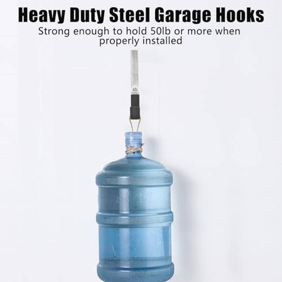 Black garage wall hook holding a blue container via the top loop