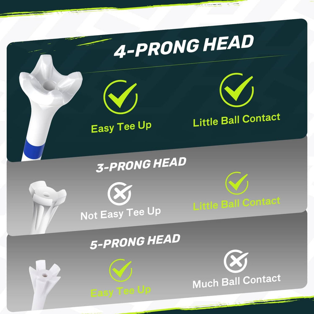 SAPLIZE golf tee head styles: 4-prong, 3-prong, and 5-prong (blue-shafted tees)
