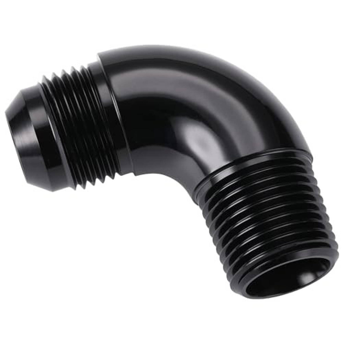 Black 90-degree flare elbow fitting with male threaded ports for AN and NPT