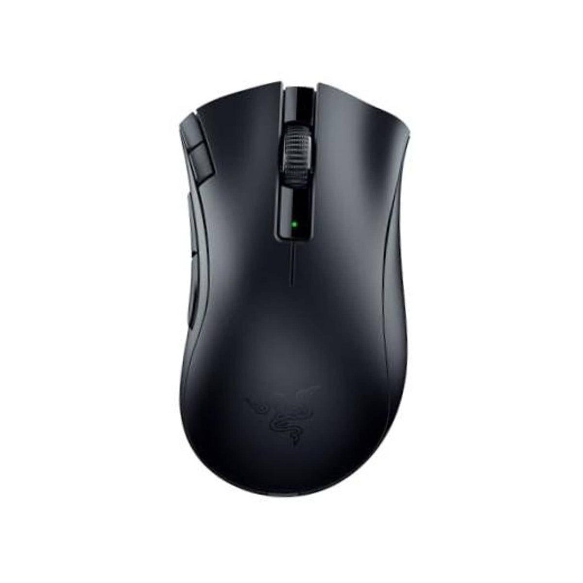 Black ergonomic wireless gaming mouse with scroll wheel and side buttons