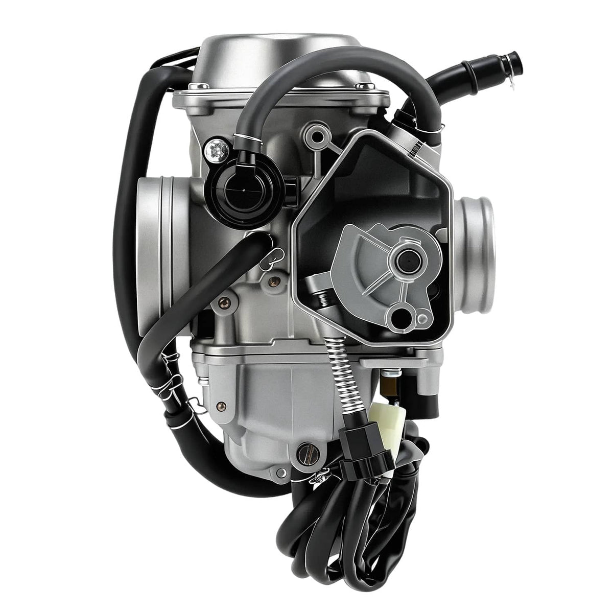 Carburetor intake assembly with black hoses and silver housing