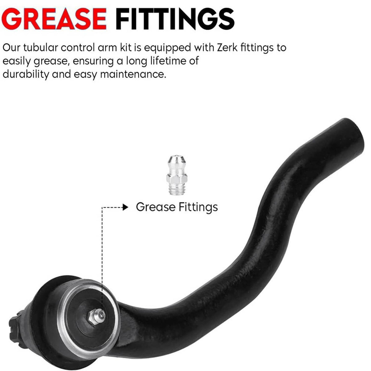 Black tubular control arm with grease fitting (Zerk) and end joint