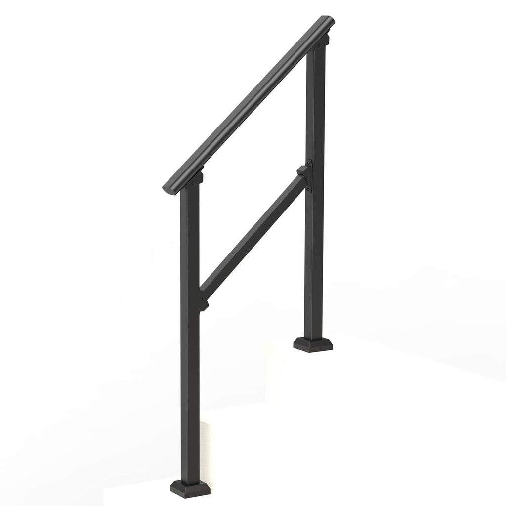 Black metal stair handrail with two posts and diagonal brace