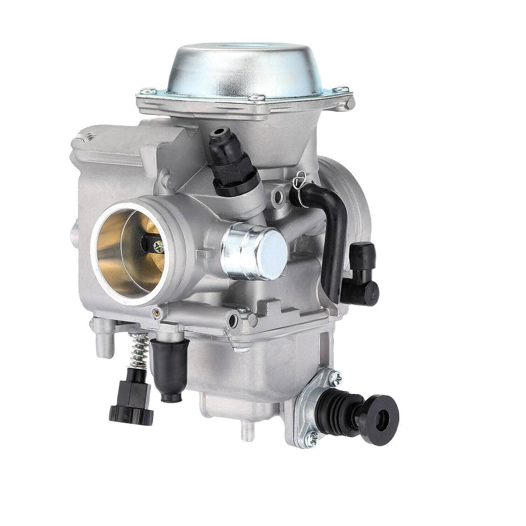 Carburetor with circular intake port and black vacuum hoses