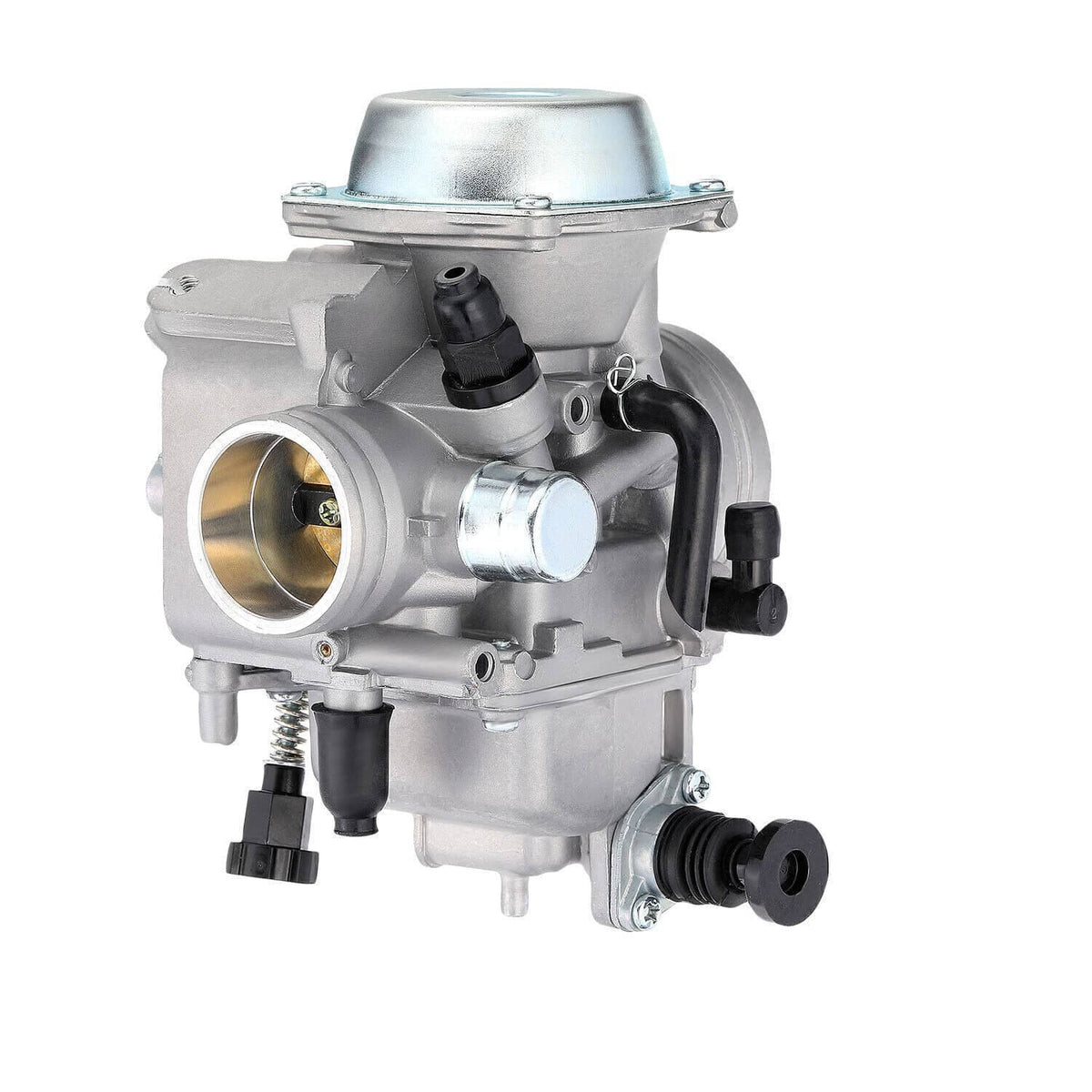 Carburetor with circular intake port and black vacuum hoses