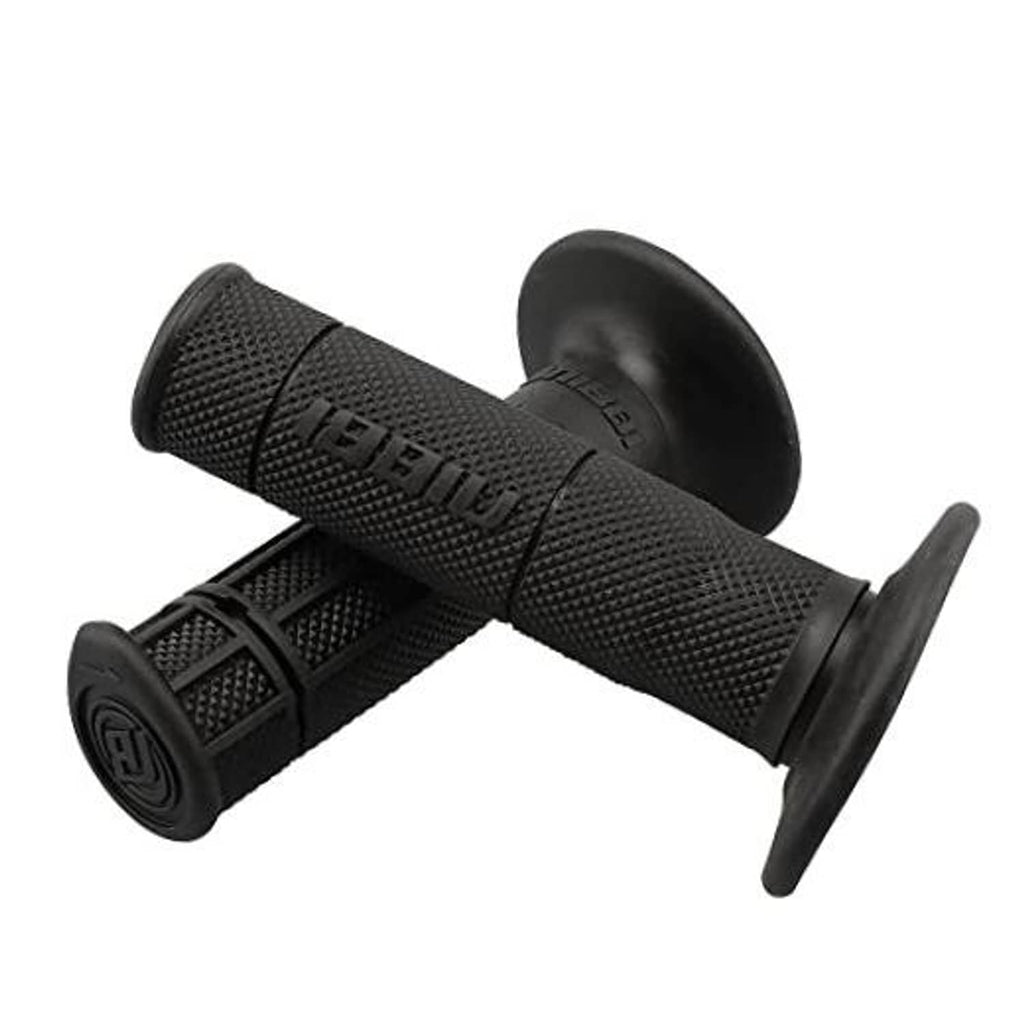 Black textured motorcycle hand grips with flared end caps and center band