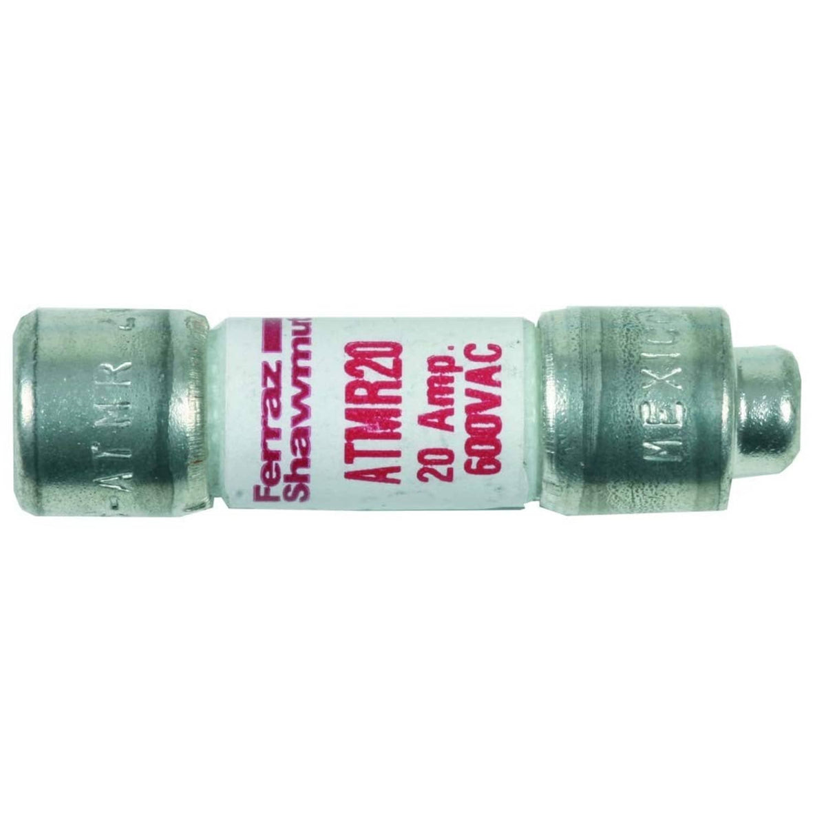 20A ATMR electrical fuse with metal end caps and printed label