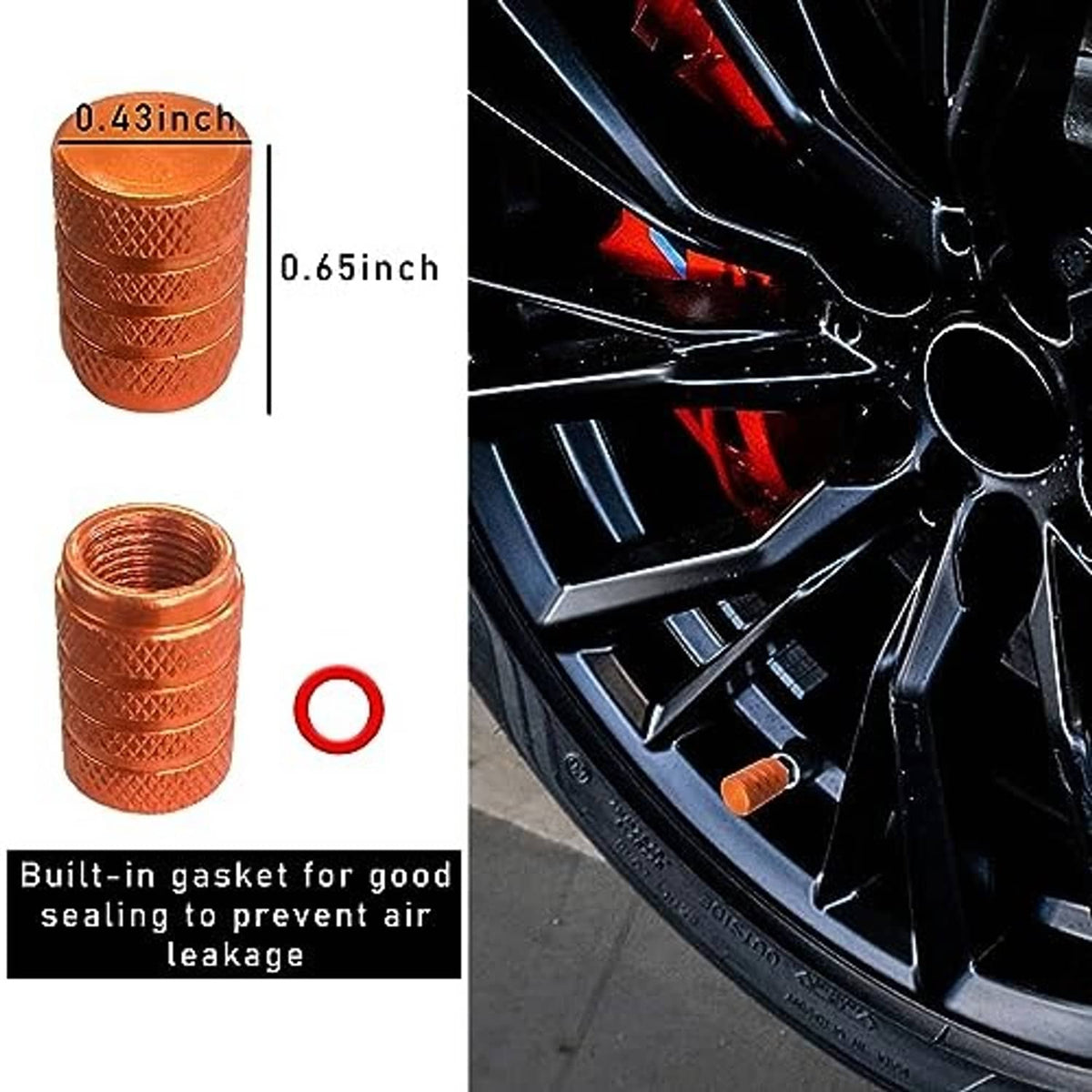Orange tire valve stem caps with measurements and installed cap on wheel