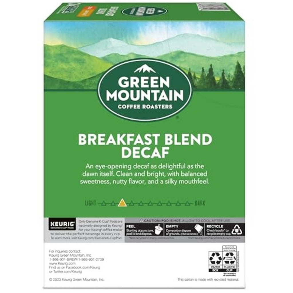 Green Mountain breakfast blend decaf Keurig coffee pod box back panel with details