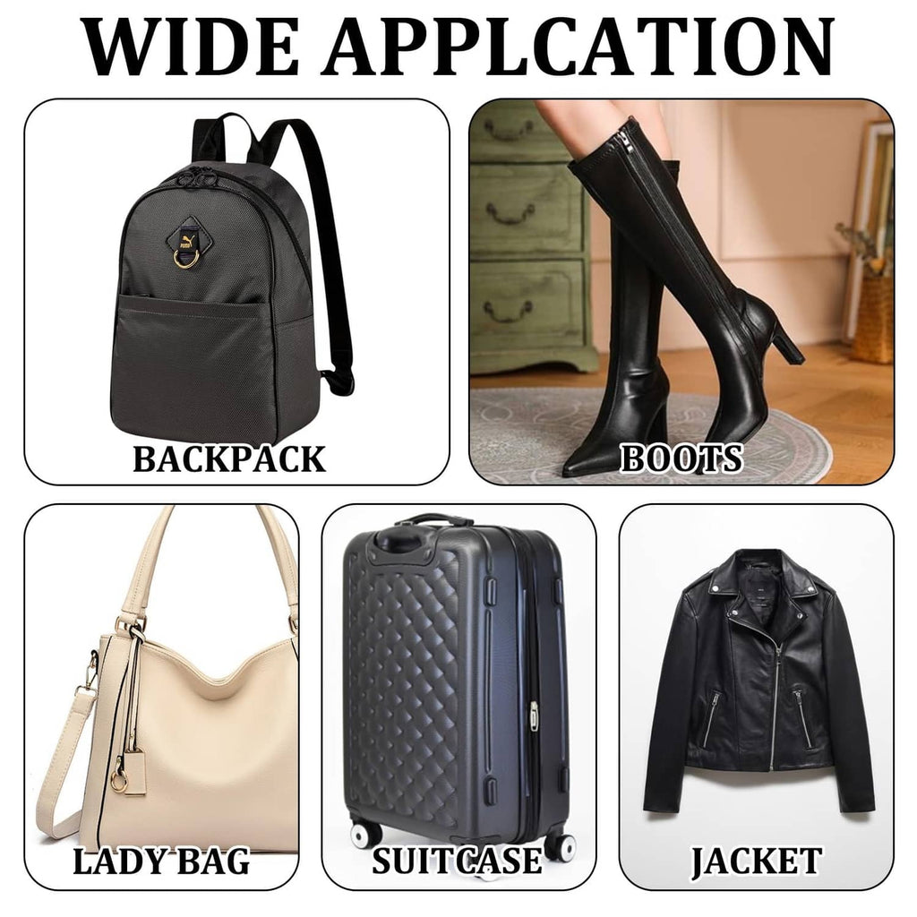 Anti-theft zipper clips shown on backpack, boots, bag, suitcase, and jacket zippers