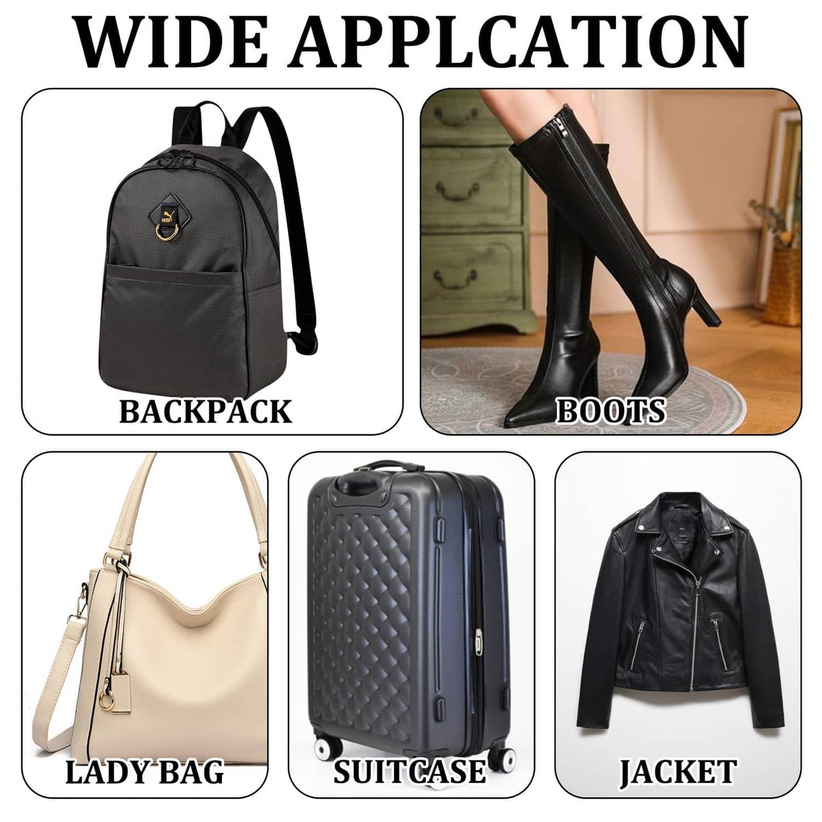 Anti-theft zipper clips shown on backpack, boots, bag, suitcase, and jacket zippers