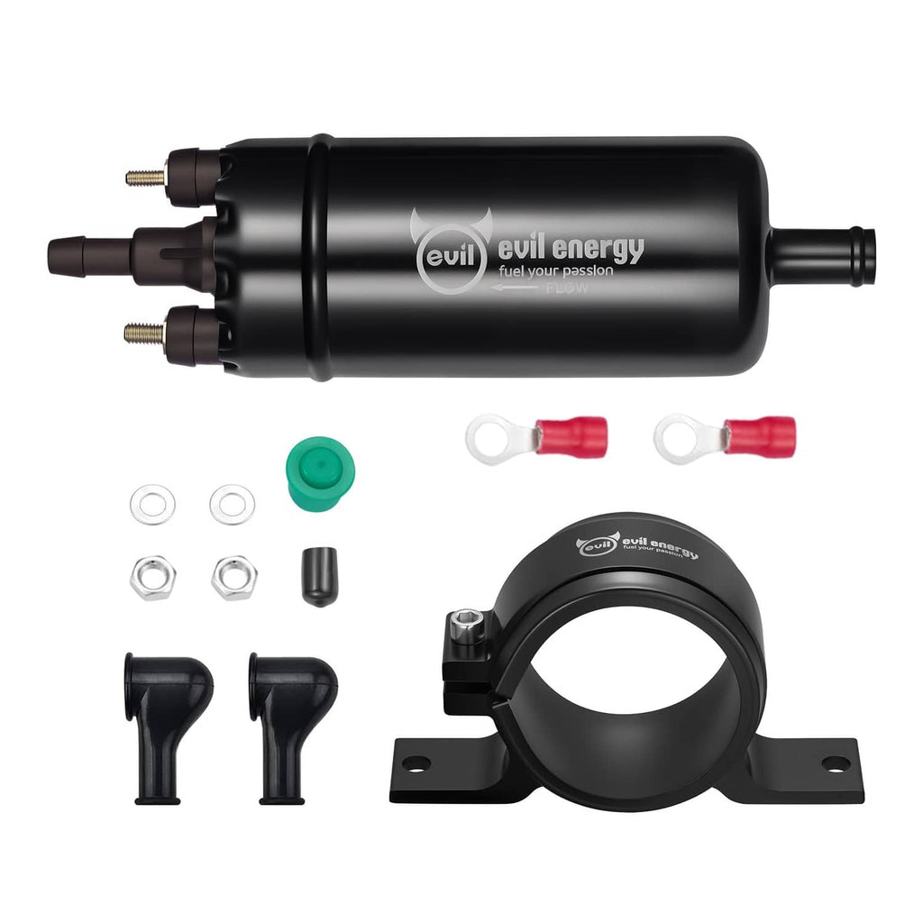 Black EVIL ENERGY inline electric fuel pump with mounting bracket and included fittings