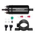 Black EVIL ENERGY inline electric fuel pump with mounting bracket and included fittings