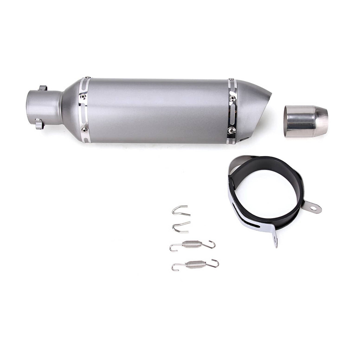 Silver motorcycle exhaust muffler with end cap and black mounting band