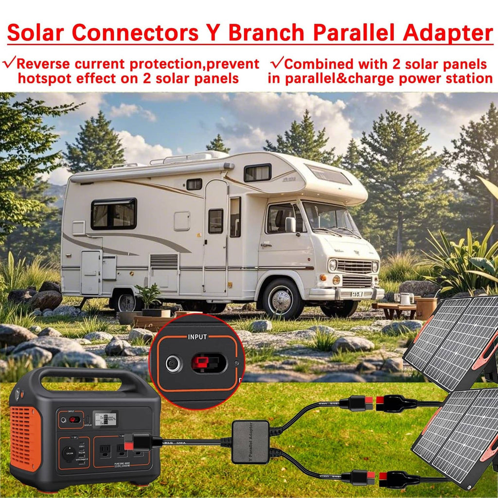 Black Y parallel adapter with red connector caps for combining solar panel outputs