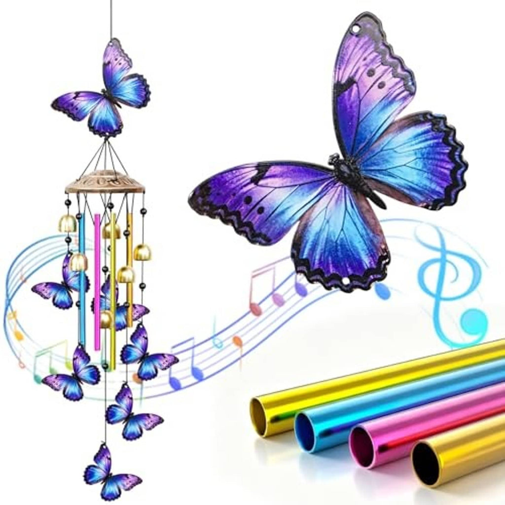 Butterfly wind chime with rainbow tubes, gold bells, and purple-blue butterfly accents