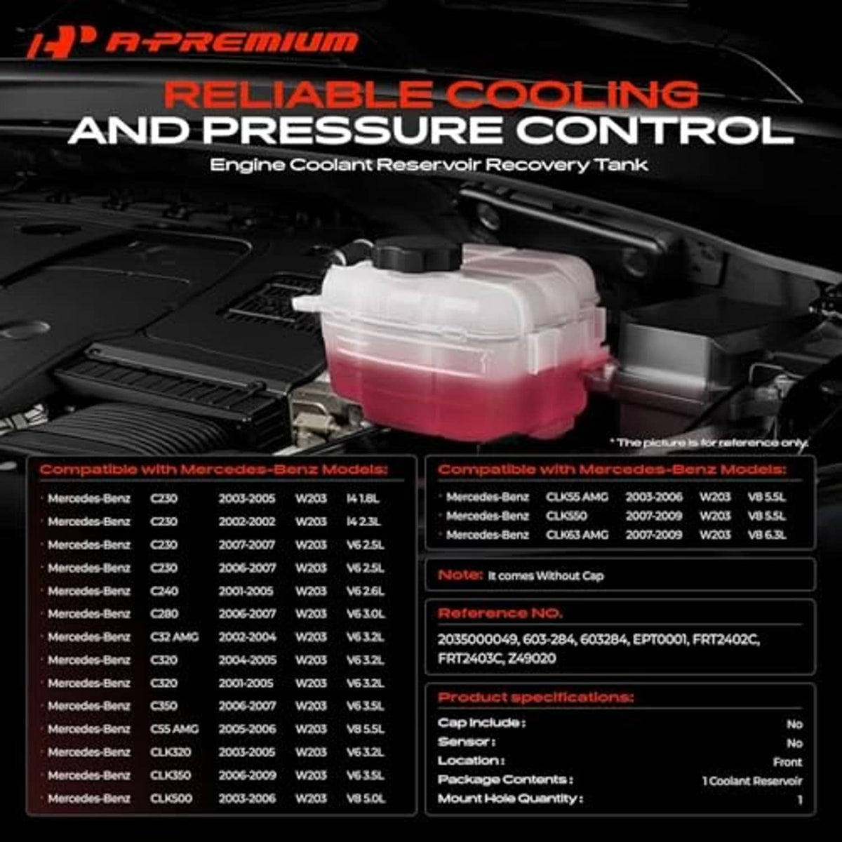 Clear engine coolant reservoir recovery tank with visible pink fluid and mounting base