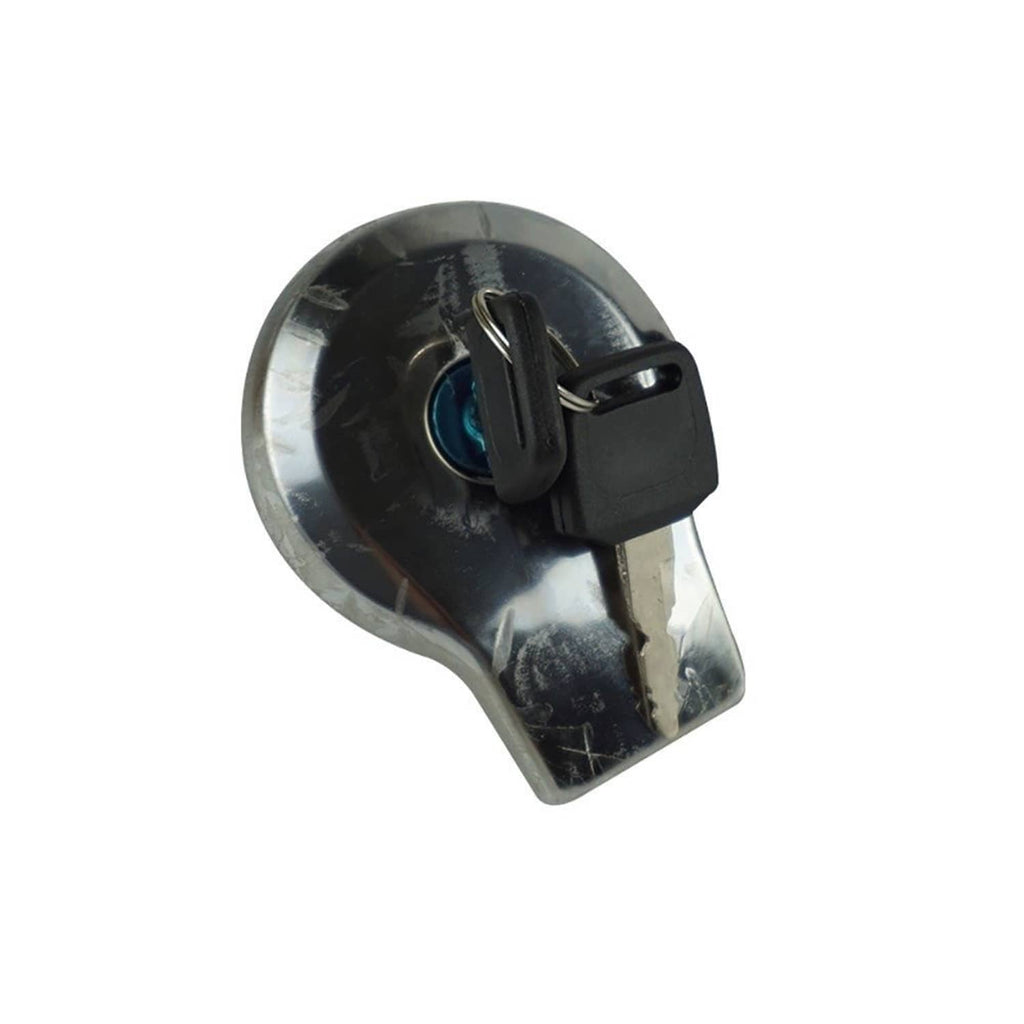 Fuel gas tank cap with keys inserted, glossy black and chrome with blue center
