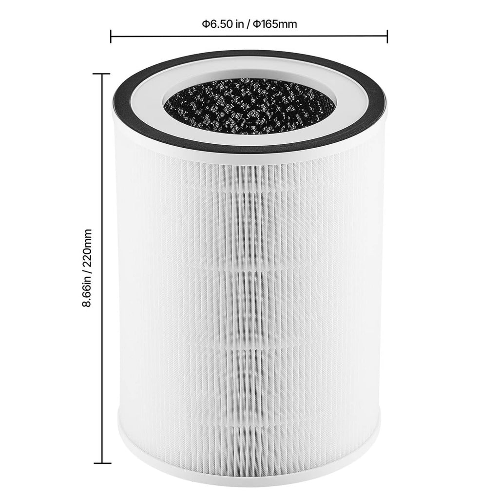 White cylindrical replacement air filter with black-ringed top opening and pleated exterior