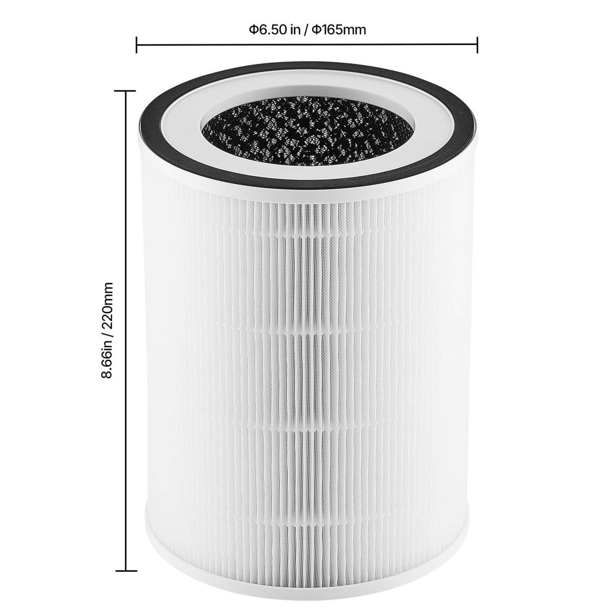 White cylindrical replacement air filter with black-ringed top opening and pleated exterior