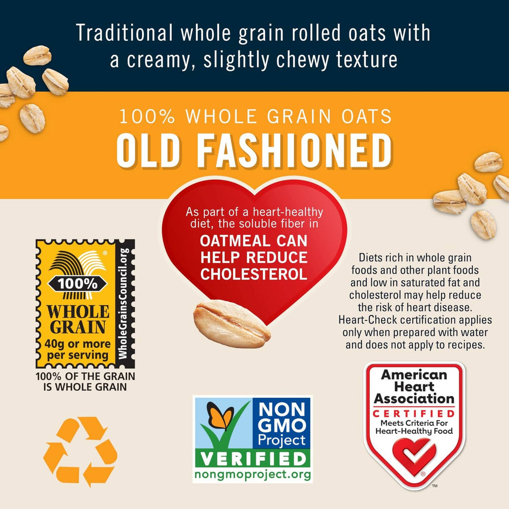 Old Fashioned oats info panel showing whole grain and non-GMO Project verified
