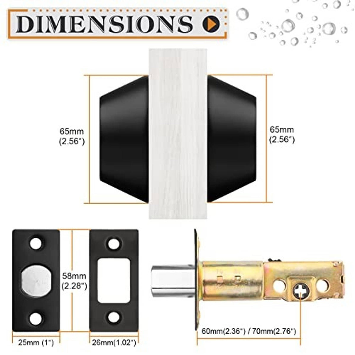 Black double-cylinder deadbolt lock and mounting plates with dimension diagram