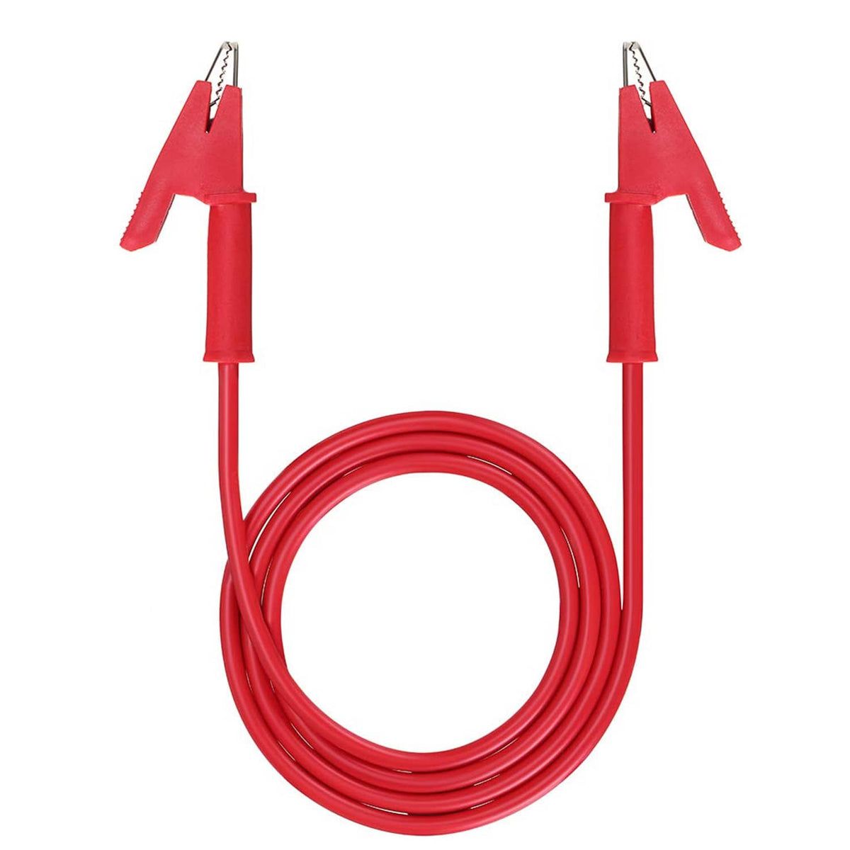 Red dual-ended test lead cable with alligator crocodile clips and exposed metal contacts