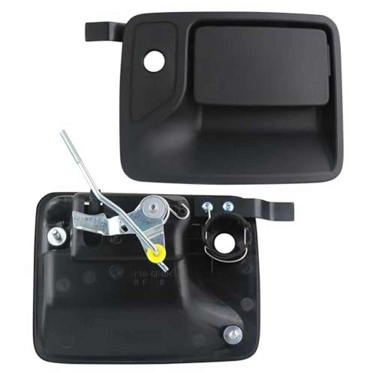 Black exterior door handle with exposed latch components and circular lock opening.