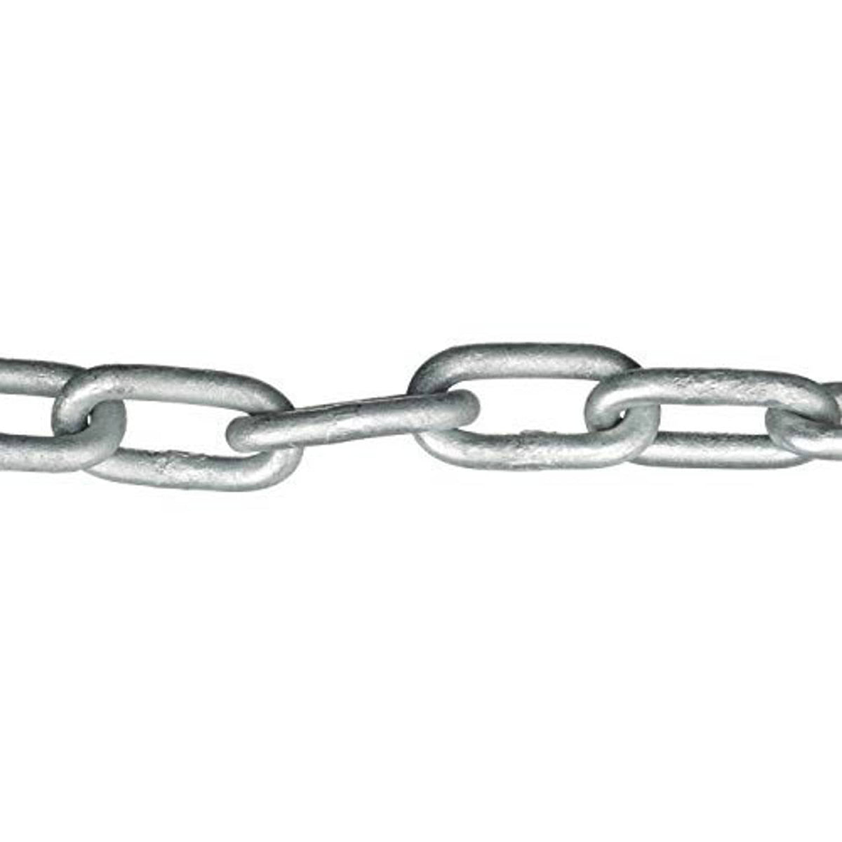 Close-up of galvanized chain links with attached pin and connecting end loop