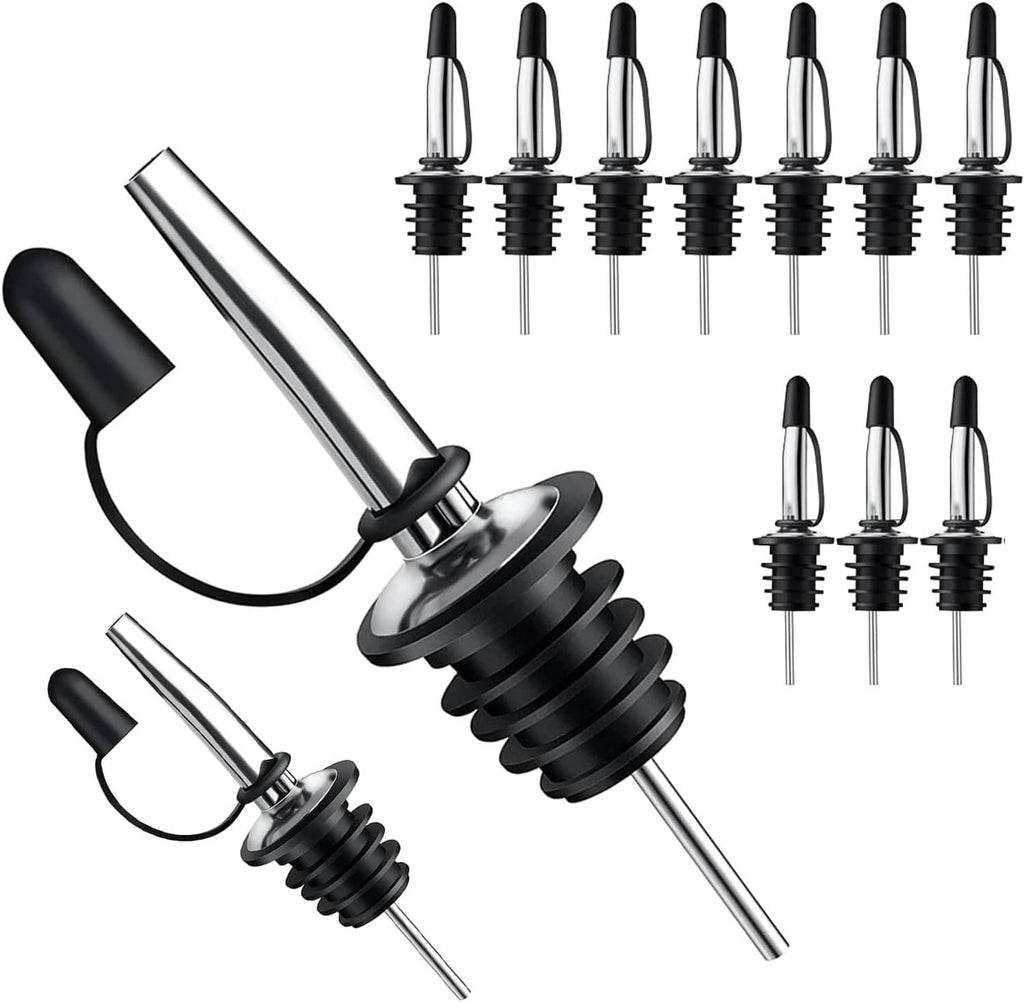Pack of metal bottle pour spouts with black dust caps and pour tubes